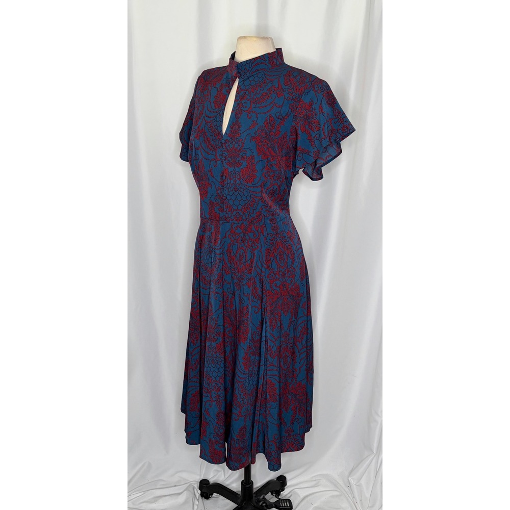 UNIQUE VINTAGE 1950s Damask Baltimore Swing Dress Blue Red Retro Pinup X-Large - Picture 7 of 13